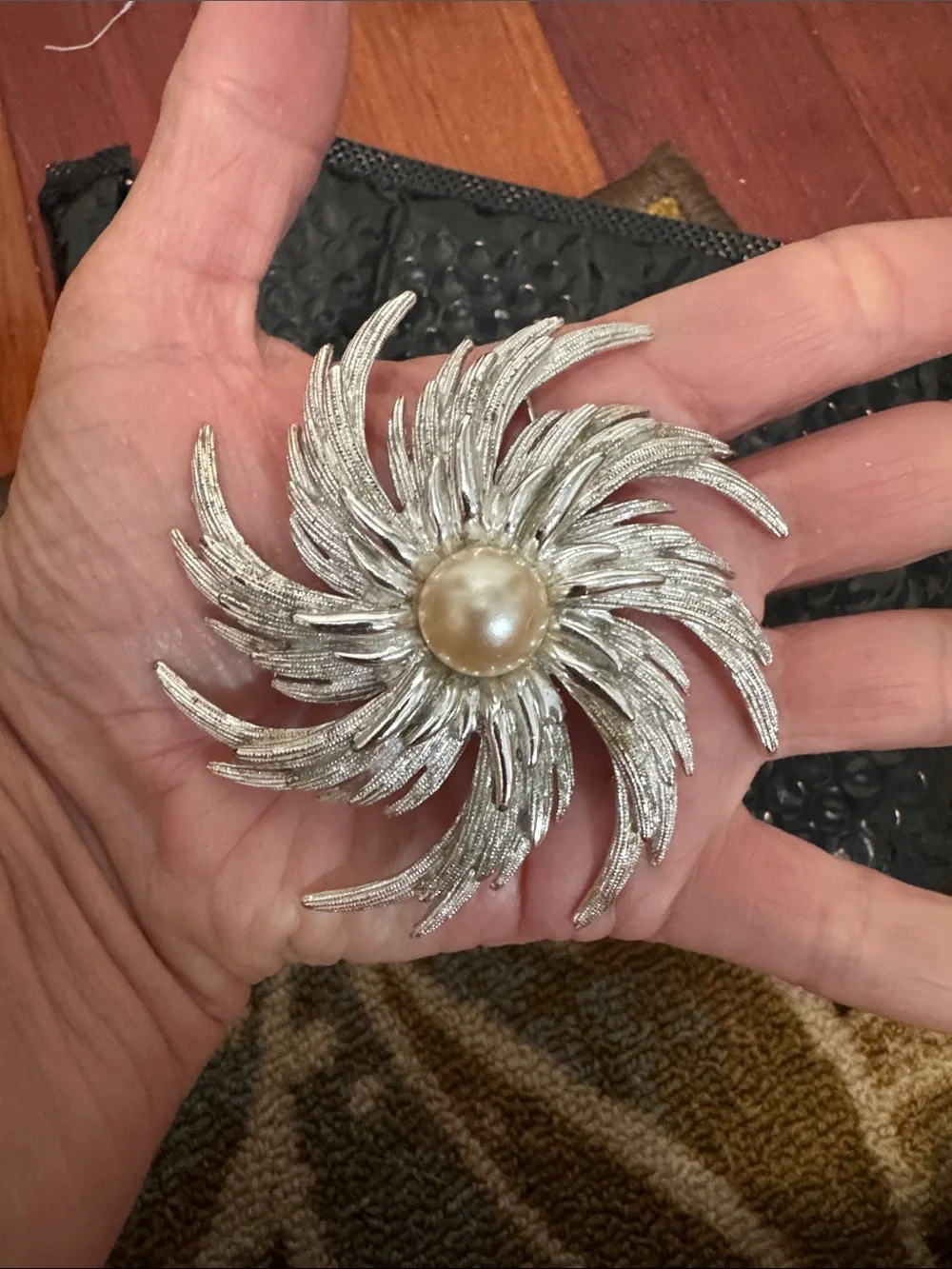 Vintage Sarah Coventry Silver Tone Swirl Brooch with Pearl Center- 1969